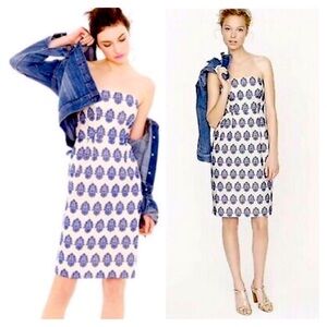 J Crew Blue Filigree Embroidered Strapless Dress Size 6